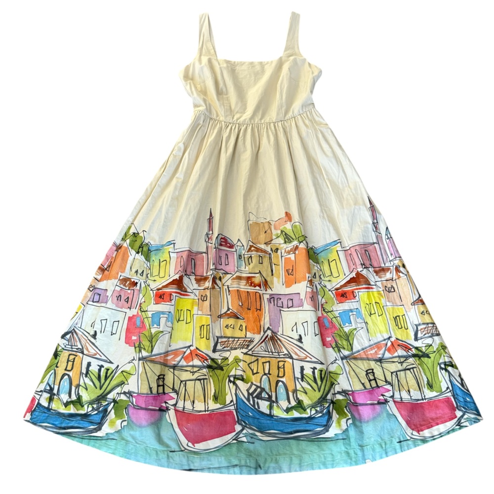 Colorful Boden Violet Square Neck Midi A-line Dress in Ivory Rainbow Village
